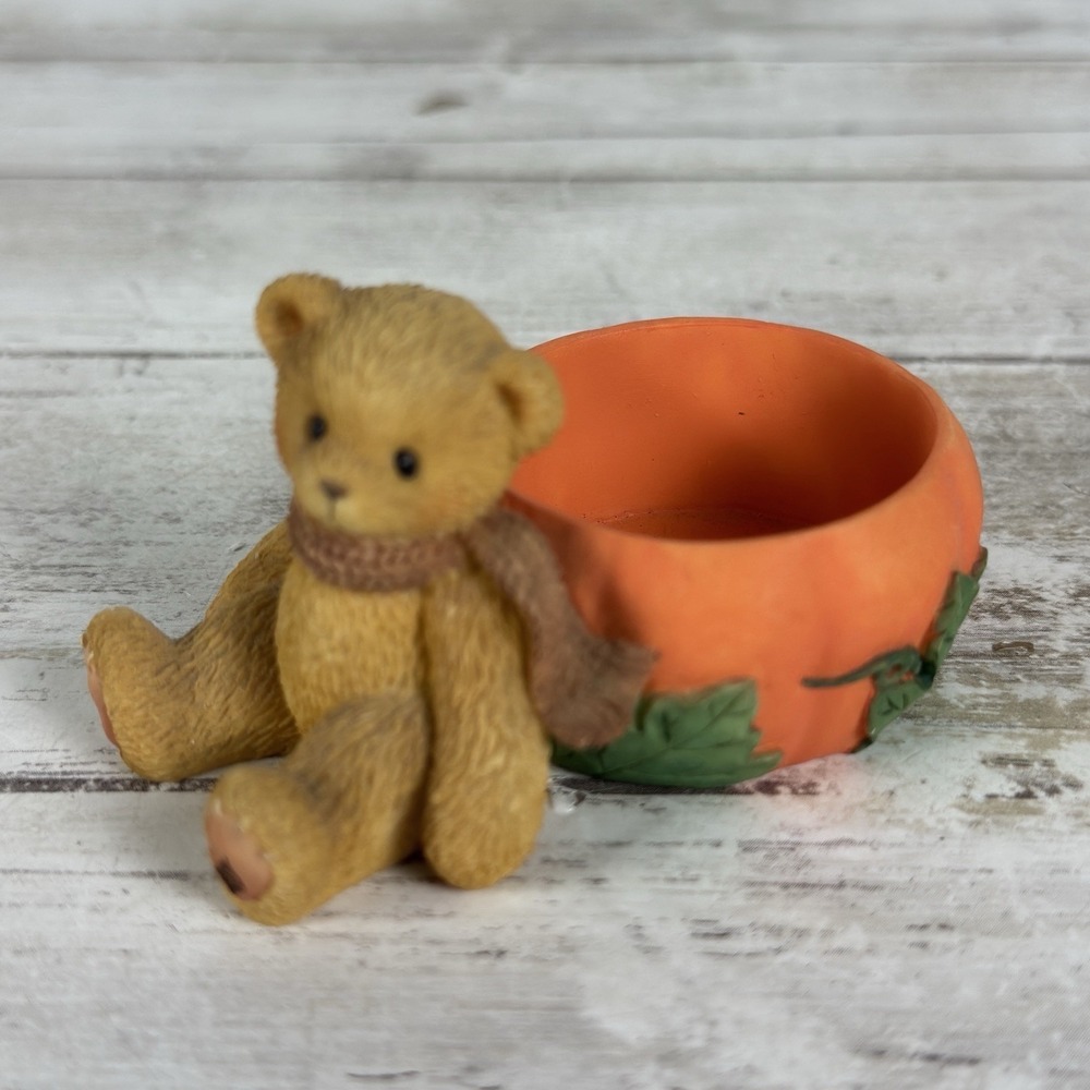 1998 Cherished Teddies Halloween‎ Thanksgiving Bear in Pumpkin Tea Light 470333